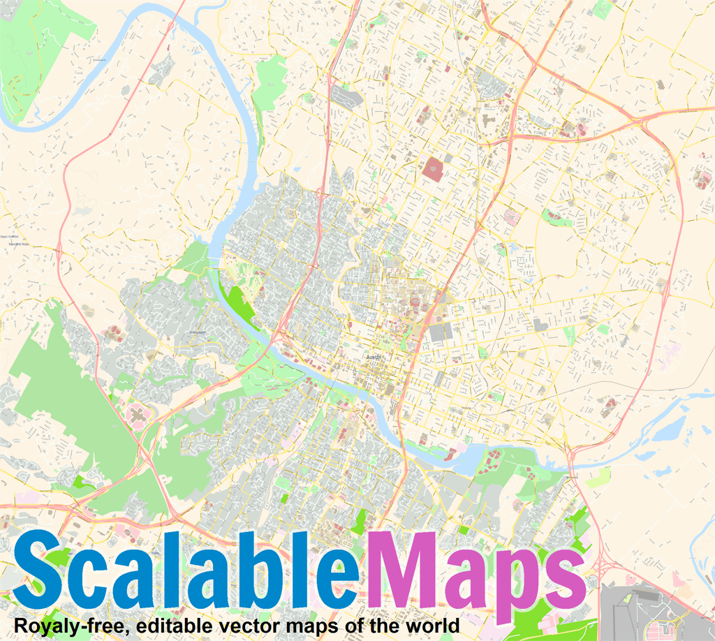 ScalableMaps: Vector map of Austin (center) (colorful city map theme)