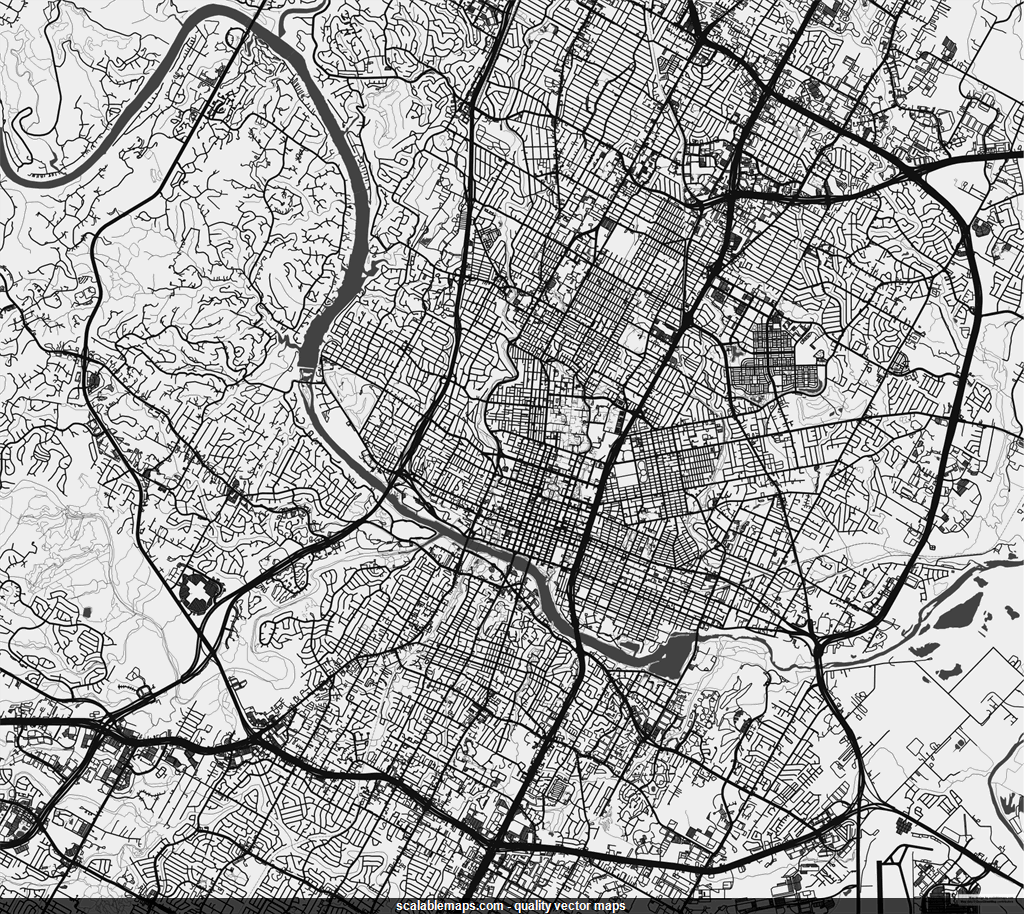 ScalableMaps: Vector map of Austin (black & white, no labels theme)