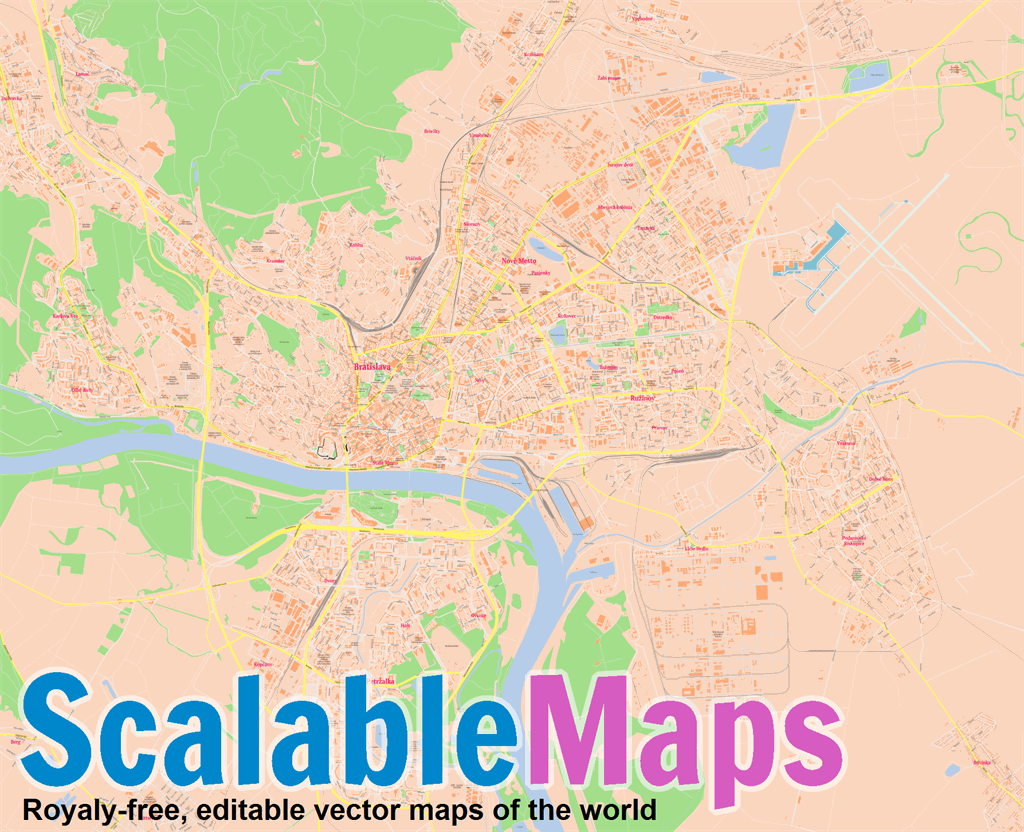 ScalableMaps: Vector map of Bratislava (center) (classicity city map theme)