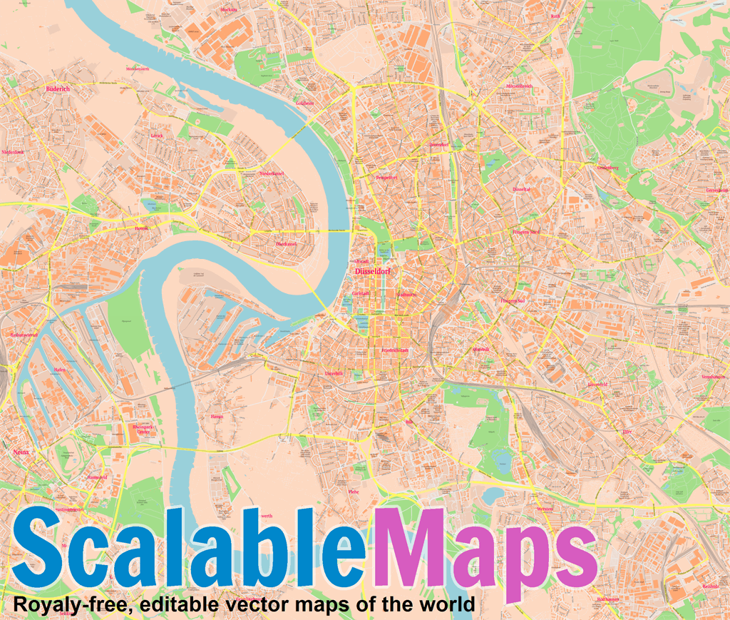 ScalableMaps: Vector map of Düsseldorf (center) (classicity city map theme)