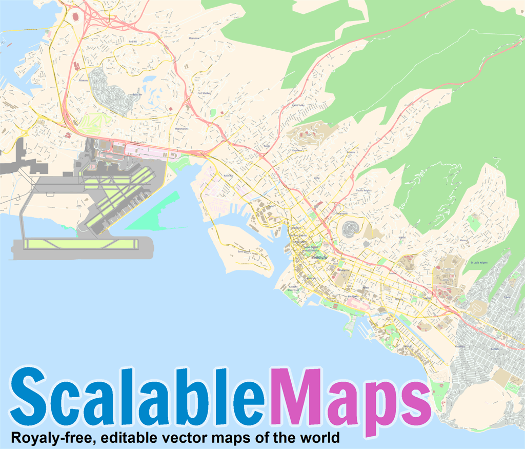 ScalableMaps: Vector map of Honolulu (colorful city map theme)