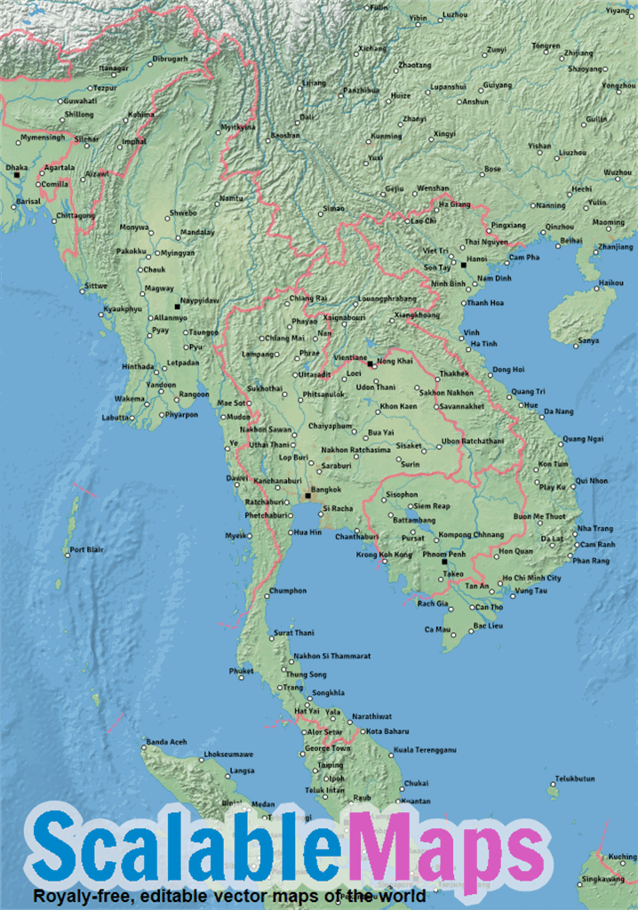 ScalableMaps: Vector map of Indochina (shaded relief (raster), borders