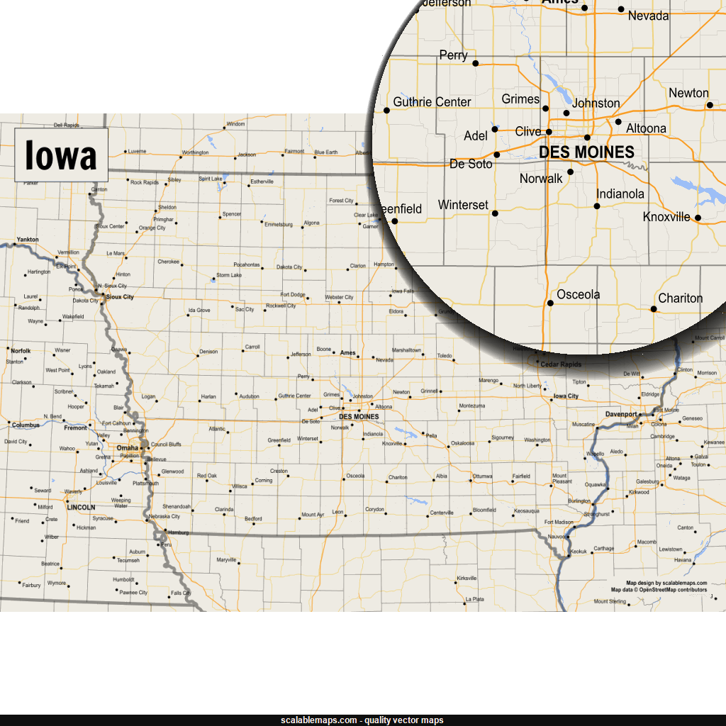 ScalableMaps Vector map of Iowa (gmap smaller scale map theme)