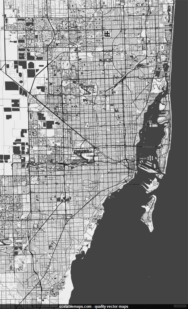 ScalableMaps: Vector map of Miami (black & white, no labels theme)