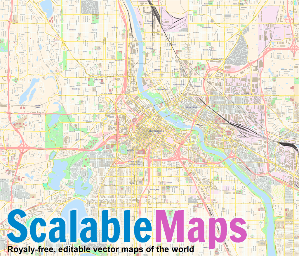 ScalableMaps: Vector map of Minneapolis (center) (colorful city map theme)