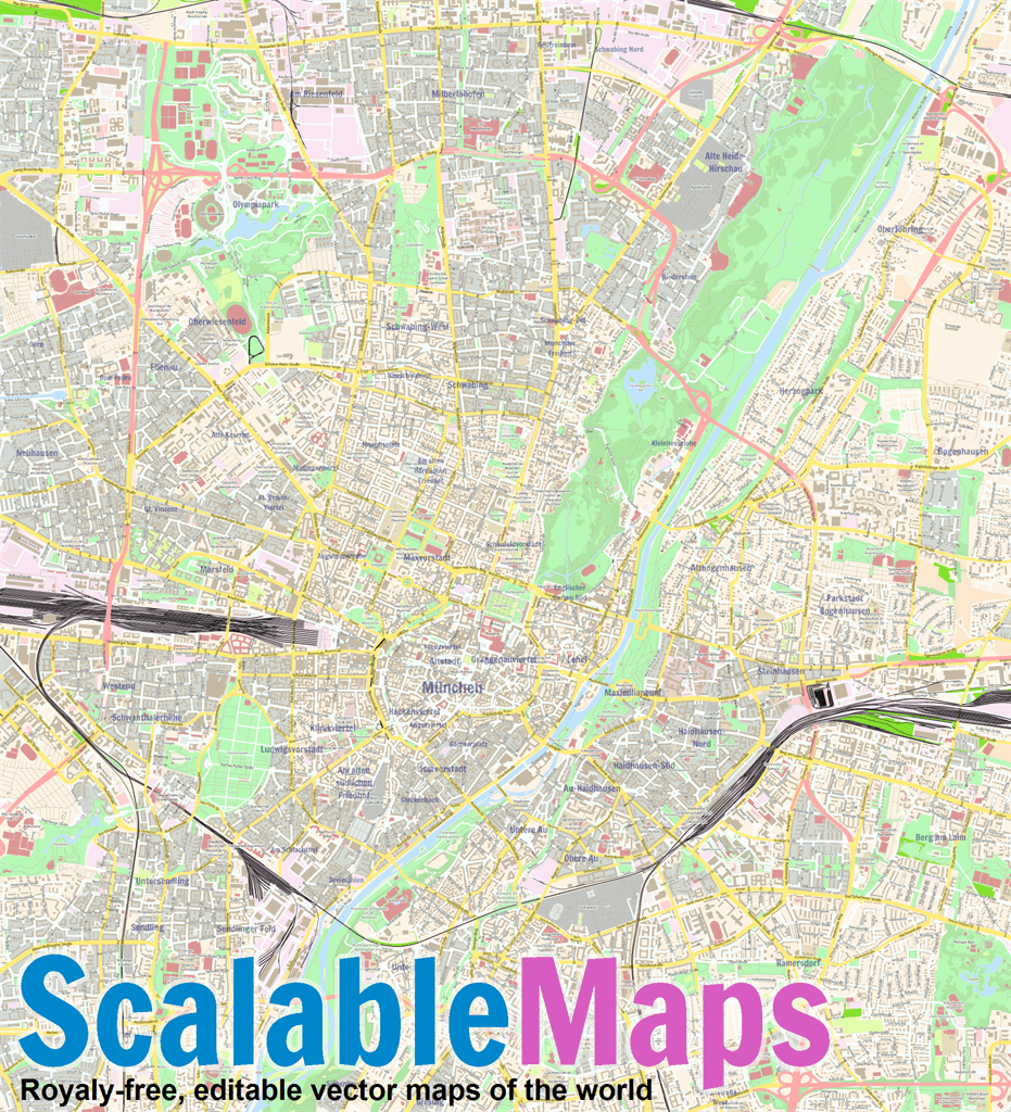 ScalableMaps: Vector map of Munich (colorful city map theme)