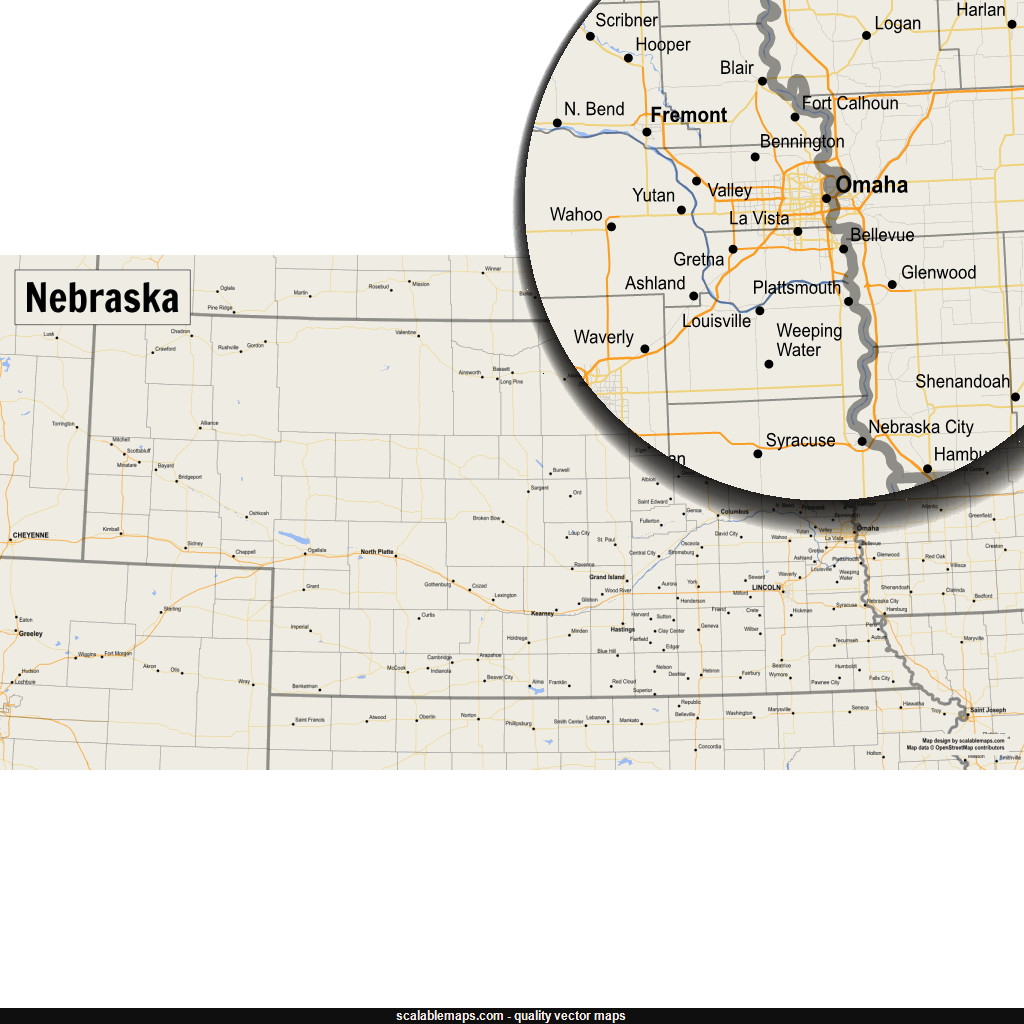 ScalableMaps Vector map of Nebraska (gmap smaller scale map theme)