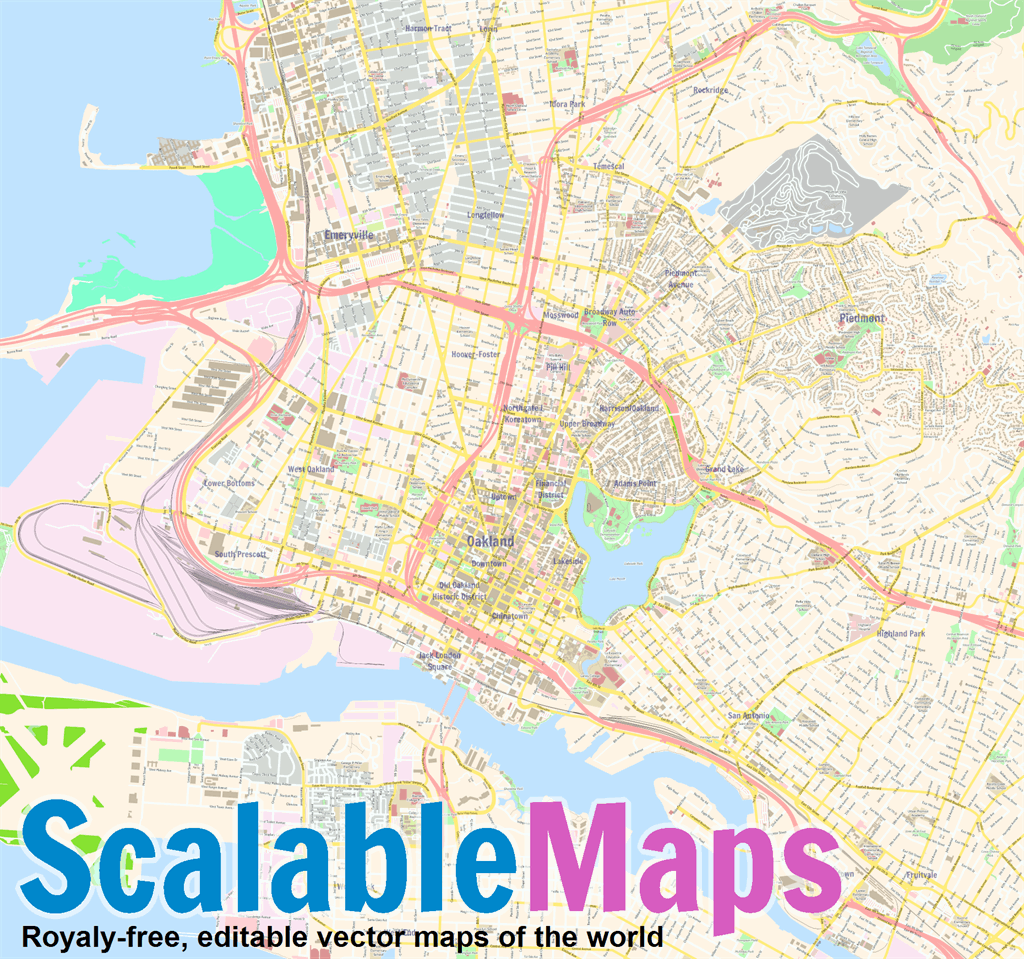 ScalableMaps: Vector map of Oakland (center) (colorful city map theme)