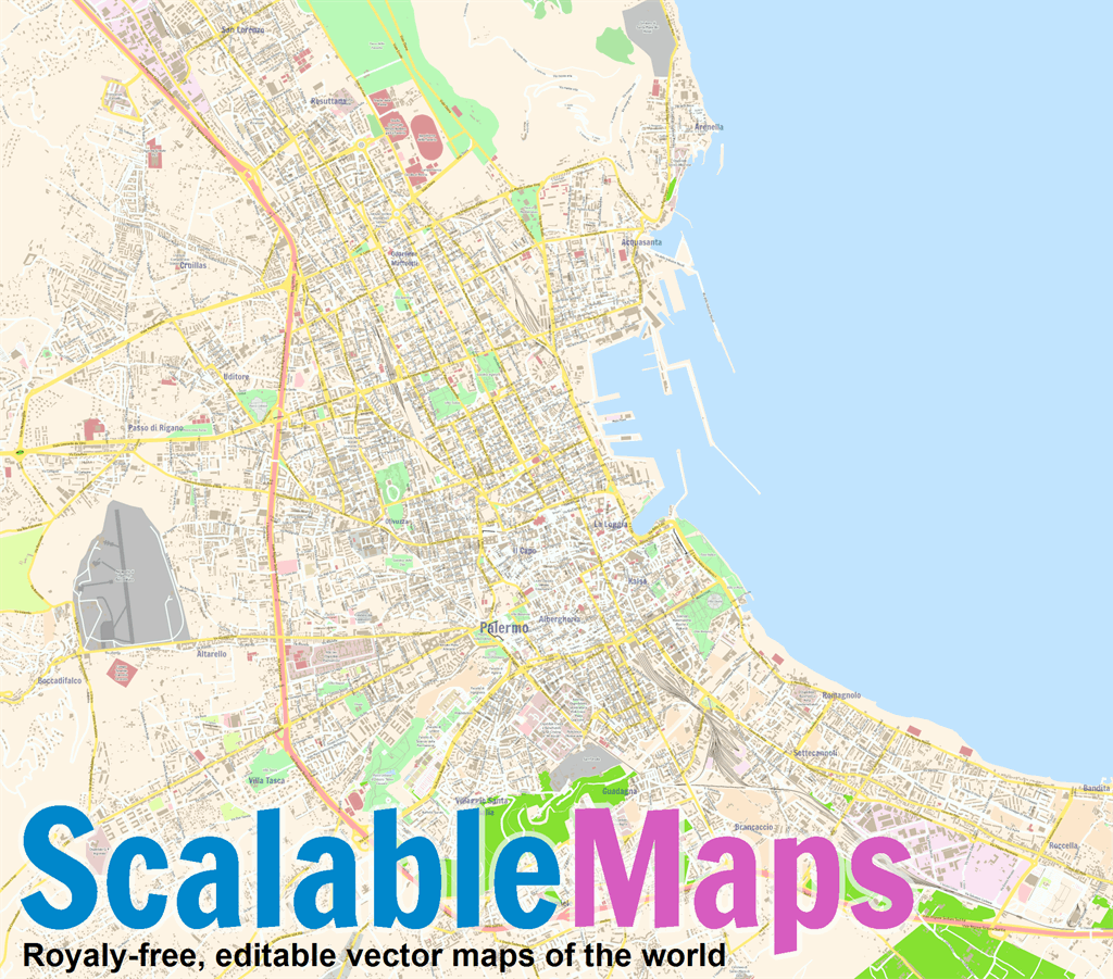 ScalableMaps: Vector map of Palermo (center) (colorful city map theme)