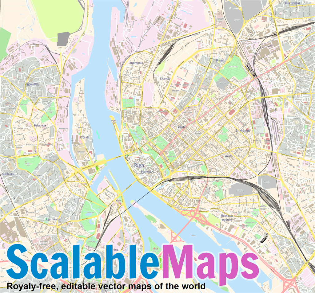 ScalableMaps: Vector map of Riga (center) (colorful city map theme)