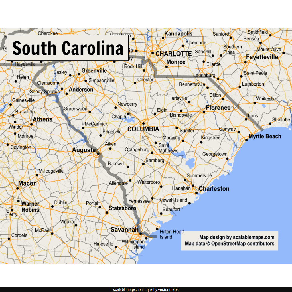 South Carolina Map Plus Terrain With Cities Roads And Water Features Ph 8732