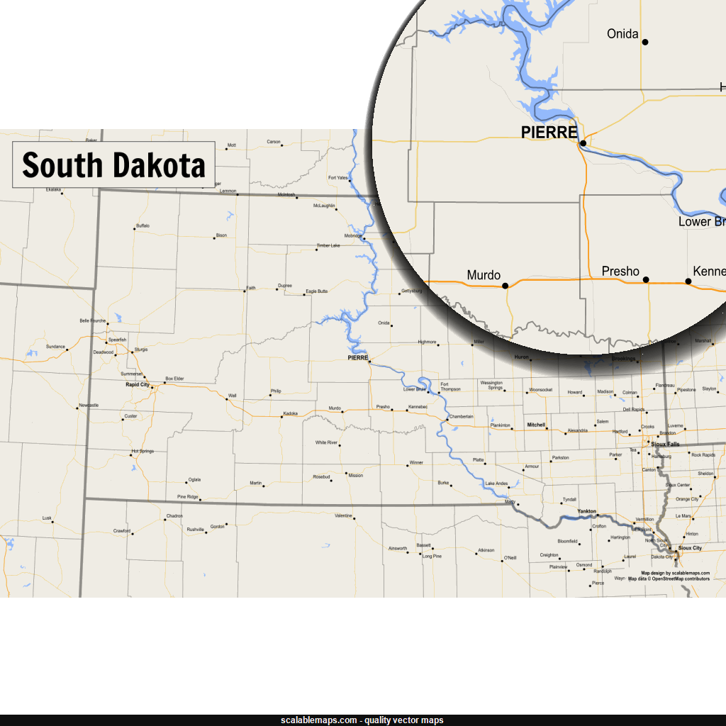 ScalableMaps: Vector map of South Dakota (gmap smaller scale map theme)